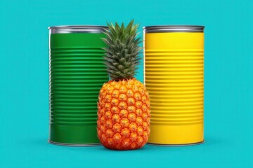 Fototapeta premium Bright and vibrant pineapple surrounded by colorful green and yellow cans against a playful aqua backdrop showcasing fresh produce and bold colors in artistic food composition