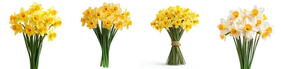 A charming bouquet of fresh daffodil flowers, isolate on white background. Set Collection.
