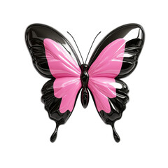 Png of A vibrant, stylized butterfly with glossy black and pink wings, showcasing a striking and artistic design.