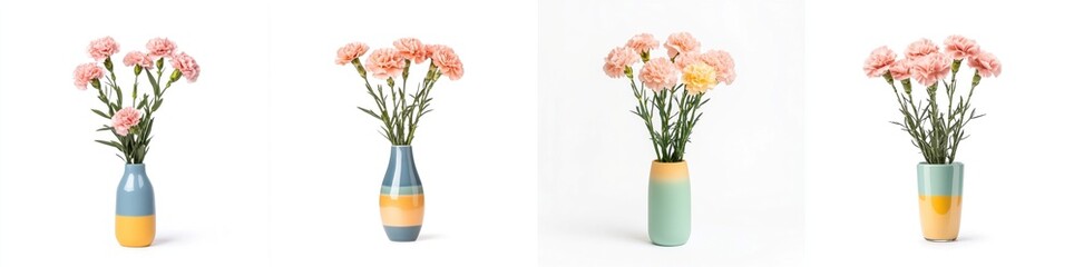 A bunch of pink carnations in a colorful vase, isolate on white background. Collection.