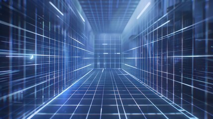 A blue abstract digital grid tunnel perspective with glowing lines and futuristic design elements