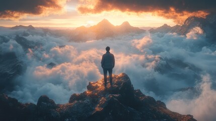 Obraz premium Majestic Mountaintop Solitude: A Man Contemplates the Sunset's Embrace Above a Sea of Clouds