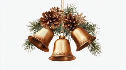 Elegant Golden Bells Christmas Ornament with Pine Cones and Fir Branches