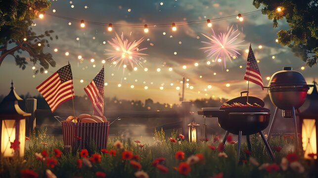 Celebrating independence day with barbecue, fireworks, and american flags at a festive outdoor party