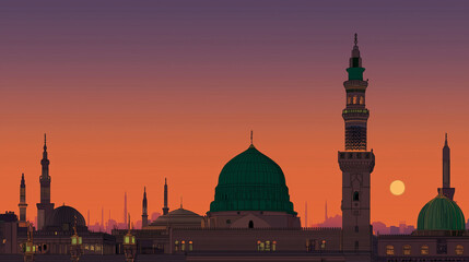 Illustration of the magnificent Prophet's Mosque at dusk, with the sky gradation from orange to purple, featuring the iconic green dome