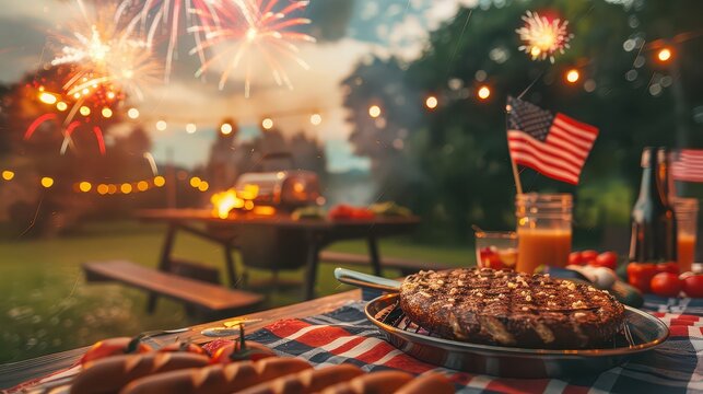 Celebrating fourth of july with barbecue grilling and fireworks in the backyard at dusk evening