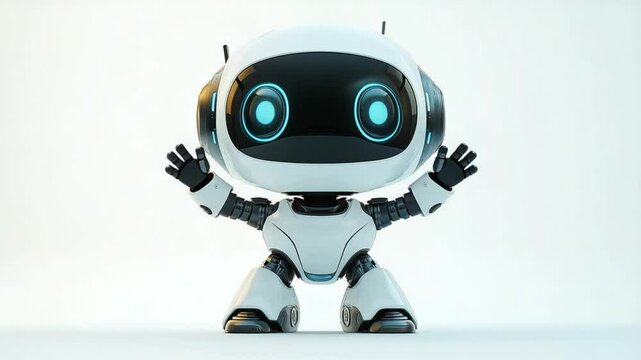 A cute robot with a friendly appearance, depicted with its arms raised, standing