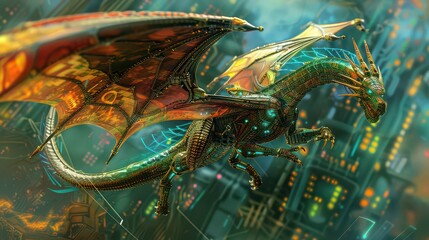A detailed steampunk dragon with intricate mechanical details flying over a futuristic cityscape