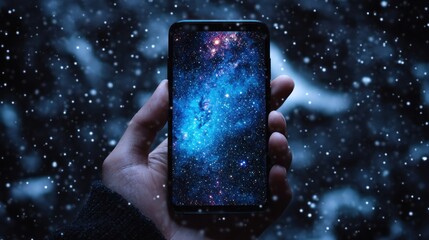 Hand holding phone with space image