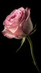Fototapeta premium A Delicate Pink Rose Blooming in the Dark Close up Studio Shot of a Single Rose Flower with Soft Petals and Green Stem