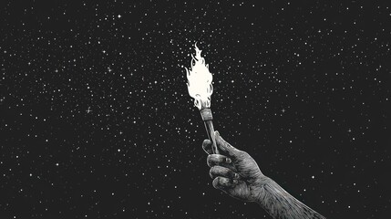 Hand holding torch in starry night