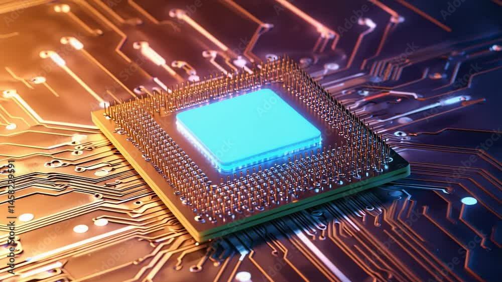 Poster close-up of cpu on motherboard with glowing blue core