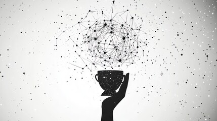 Hand holding trophy, network, success