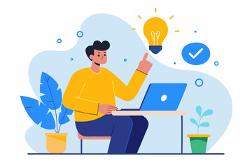 Young Man Pointing at Idea Light Bulb at Desk Vector