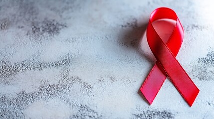Red ribbon on white background symbolizing HIV awareness and support, disease prevention and health care concept, AIDS advocacy and solidarity campaign.