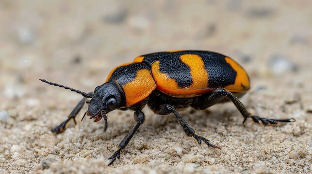 Close-up of the American burying beetle reveals its striking black and orange body and distinctive antennae, set against a natural backdrop.
