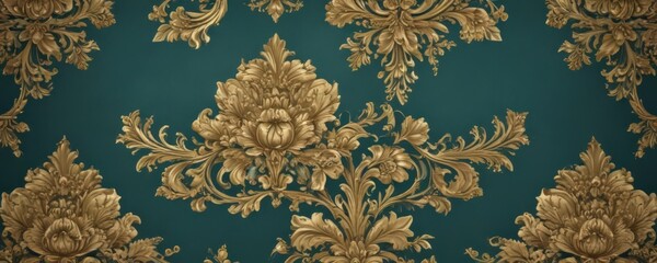 Intricate gold floral damask on deep teal, vintage style , classic, acanthus, interior
