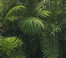 Lush green palm fronds, sunlight dappled, vibrant texture ,  nature,  vibrant