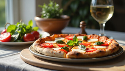 Greek pizza on ceramic plate with salad and white wine

