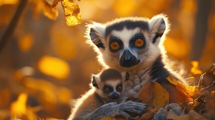 Obraz premium Ring-tailed Lemur Mother and Baby in Autumn Leaves
