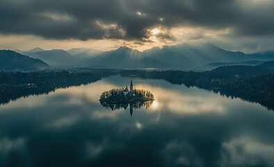 Serene Lake Island Church at Sunrise