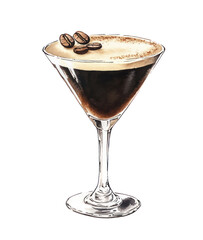 PNG Espresso Martini cocktail in a martini glass with coffee foam and cocoa powder. Watercolor illustration