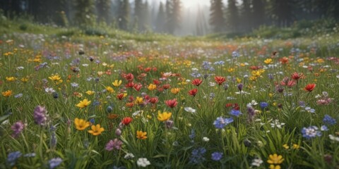 Fototapeta premium Wildflower profusion, diverse blooms in lush meadow, flowers, ecology
