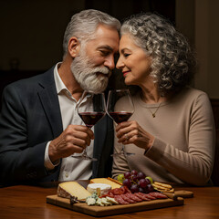 Romantic Senior Couple Enjoying Wine and Cheese on transparent background
