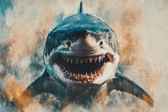 Majestic Great White Shark Emerging from Churning Ocean Waves