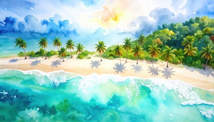 Serene Tropical Beach Watercolor Painting Palm Trees Shade White Sand Shore Turquoise Ocean Waves