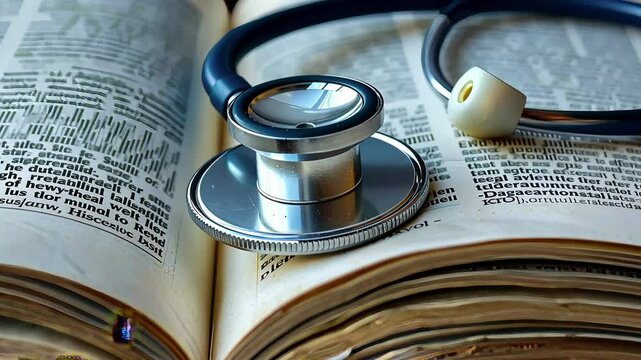 A stethoscope lies atop an open medical textbook, highlighting the connection between practical healthcare tools and the study of medicine in an educational setting.