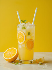 Fototapeta premium Refreshing citrus juice bright yellow background beverage photography vibrant environment close-up view summer refresher