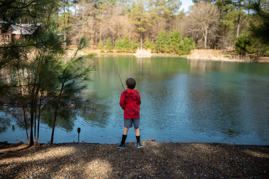 Boy fishing on a rocky shore beside a calm forest pond
