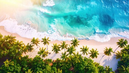 Obraz premium Aerial view of a tropical beach with turquoise water palm trees and white sand A perfect summer vacation destination