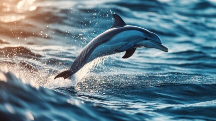 Fototapeta premium Dolphin leaping ocean wave sunlight marine wildlife