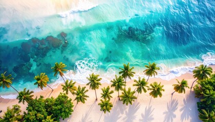Stunning Aerial View of a Tropical Beach Turquoise Ocean Waves Crashing on White Sand Lush Palm Trees Line the Shore
