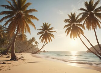 Sun-drenched beach, vintage film grain, palm trees swaying in breeze,  warm tones,  calm,  travel