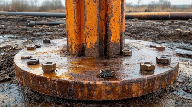 Rusty metal support base on a muddy ground.