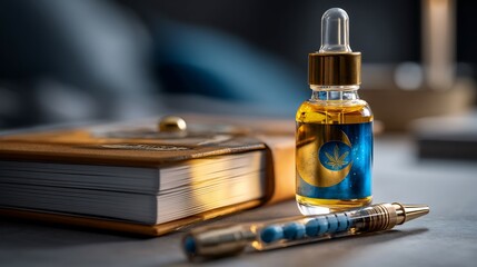 Cannabis infused sleep aid bottle beside moon symbol dosage log insomnia relief guide