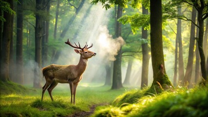 Fototapeta premium Aromatic mist rises from a lush green forest as a curious deer sniffs the air , nature, forest, nature
