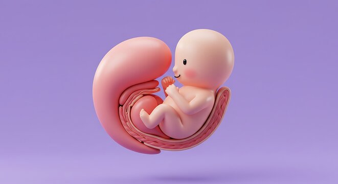 3d cute cartoon illustration, 3d rendering of a human embryo model positioned at the top of the image, with clear copy space at the bottom for photos. ,isolated on bright background, no text