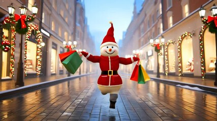 Christmas shopping. Funny snowman running holding holiday shopping bags in shopping street with sparkling lights and falling snow, Joy of Christmas shopping. 