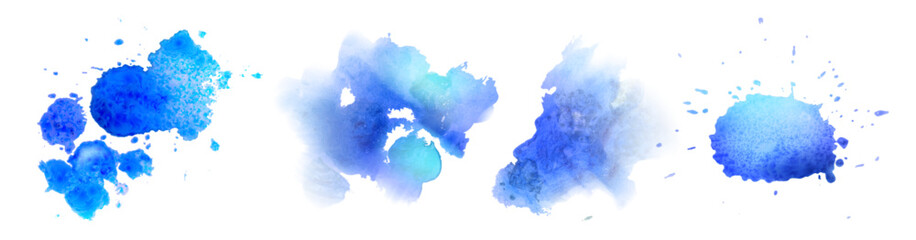Obraz premium Blue watercolor paint splatter stains set - bright azure cobalt indigo shades, abstract uneven splash shapes, dynamic fluid ink blobs. Artistic backdrop decoration, vivid liquid color splashes.