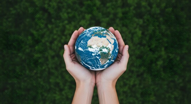 Protecting Our Precious Planet: Hands Gently Holding a Detailed Earth Globe Against a Lush Green Background