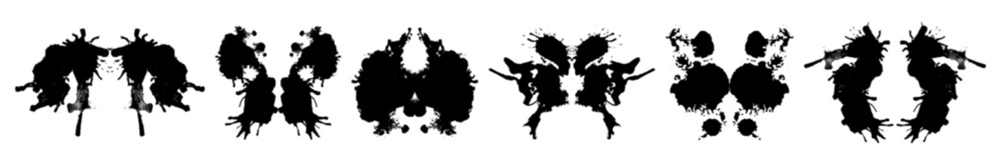 Rorschach test inkblots set isolated on white background. Vector realistic illustration of abstract black ink stains for mental treatment, abstract silhouettes for psychology examination, tattoo image © klyaksun