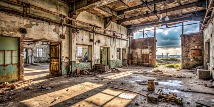Ruined barracks with broken doors and cracked concrete floors