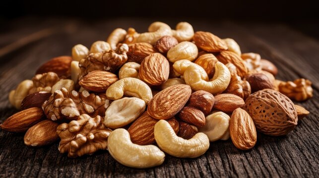 A ly lit image of an assortment of mixed nuts including cashews almonds and walnuts placed on a rustic wooden surface soft shadows