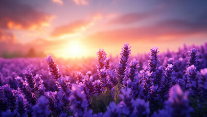 Beautiful lavender flowers blooming in a field at sunset, creating a dreamy and romantic atmosphere with a soft bokeh effect