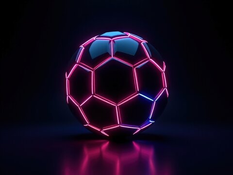 neon Glowing soccer ball with neon colors. The ball is surrounded by a dark background