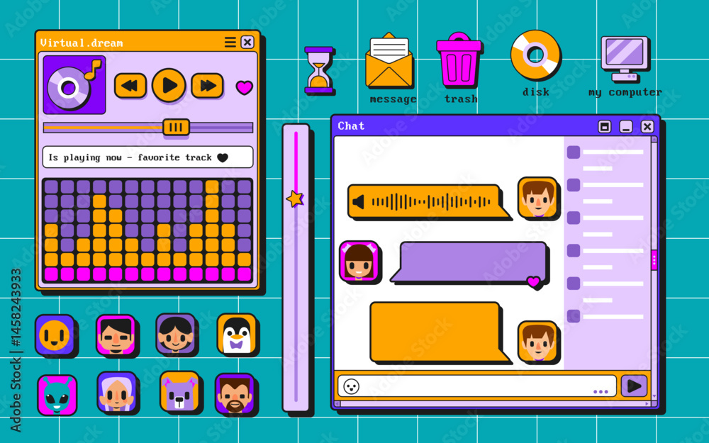 Poster retro user interface elements collection - chat window template graphic ui kit, music player equaliz